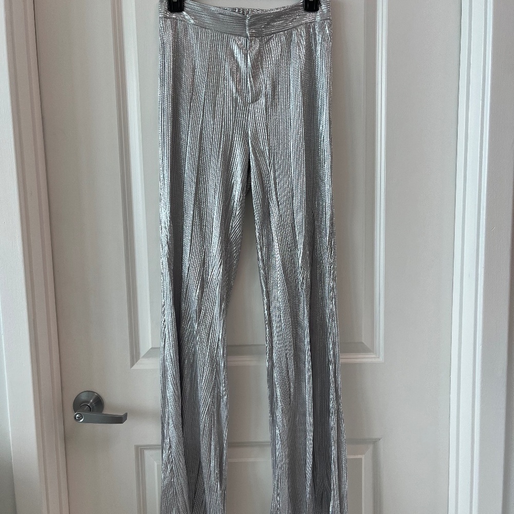 BSB Collection Metallic Silver Wide-Leg Pants | Size 38 EU